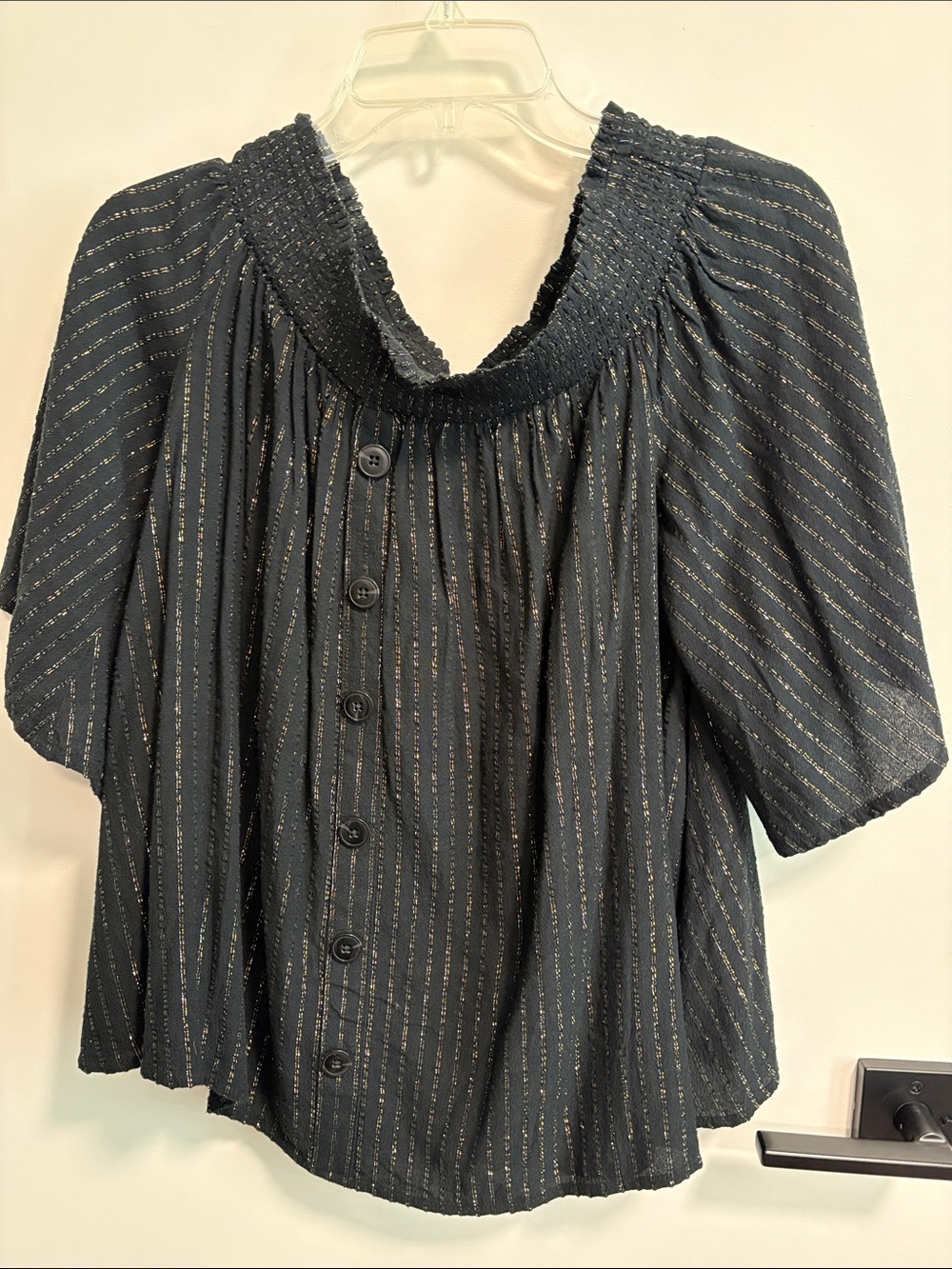 crown & ivy Black Metallic-Striped Puff Sleeve Button Front Blouse
